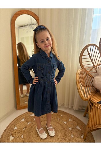 BERFONZO KIDS Kız Çocuk Kol Detay Denim Kot Elbise