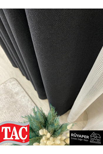 Taç Dreamer Black Color Linen Blackout Blackout Hotel Style Background Curtain with Tight Pleats (Single Wing)