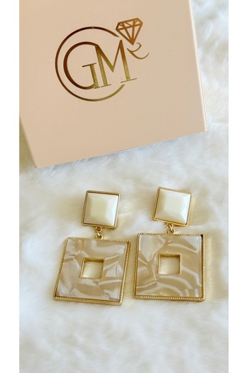 GM TAKI Cream Colored Square Formed Gold Detailed Modern Earrings