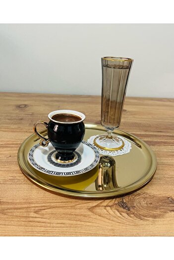 BİMOTE 6'lı Gold Paslanmaz Çelik 20 cm Yuvarlak Çay, Kahve, Pasta Servis Tepsisi Dekoratif Sunum Tepsisi