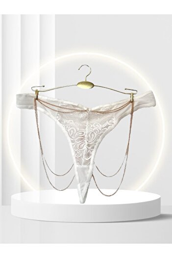 İntive Lingerie Passione Lace Transparent White Thong with Gold Chain Detail on the Sides
