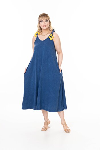 MJORA Rochie maxi spalata 100% bumbac cu bretele cu frânghie si buzunare