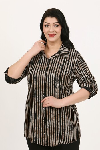 By Alba Collection Women's Tan Patterned Cotton Viscose Large Size Shirt