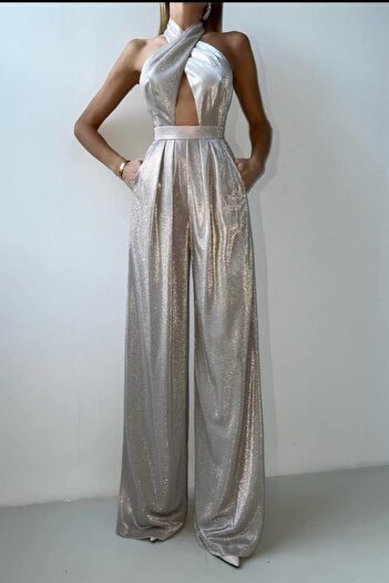 Safgiyim44 Cross Collar Neck Tie Glitter Palazzo Lined Jumpsuit