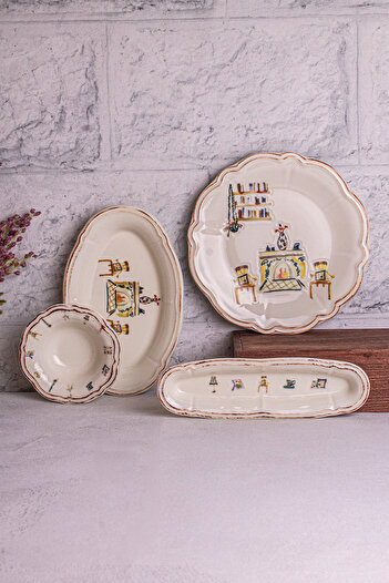 Snippy Family-14 Piece Porcelain Edges Silic Vintage Canvas Model Breakfast Set Breakfast Set for 6 People