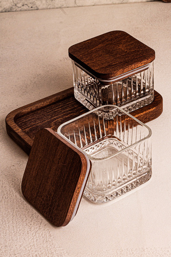Snippy Bella 230ml Square Bowl - Wooden Stand, Vacuum, Qumzı Millili Glass Snack and Breakfast