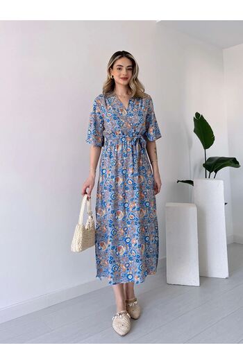 sharin Rochie de damă, cu model de vară, guler dublu-sân - cu fante detaliată până la gleznă 13E-2230