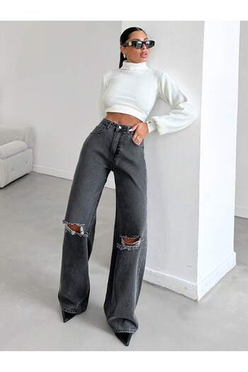 Dema Women's 100% Cotton Denim Palazzo Trousers with Wear