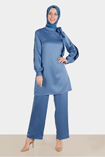 Alvina Satin Jewelled Bow Detailed Double Pants Set - 30276