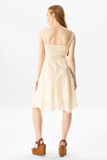 Eliş Şile Bezi Sleeveless Voile Emel Short Summer Dress Cream Red