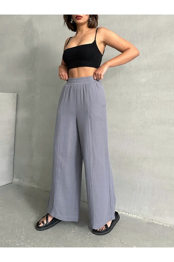 BEJNA Women's Gray Muslin Loose Cut Trousers