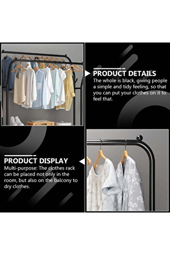 Saharaz 2 in 1 Metal Clothes Hanger with Storage Shelves,148x33x110cm,large Space,for home, Black