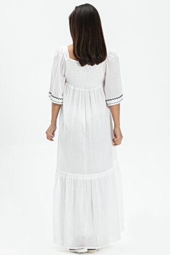 Eliş Şile Bezi Τρία τέταρτα μανίκια Sile Cloth Melody Long Summer Αυθεντικό Φόρεμα Λευκό Byz
