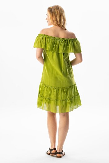 Eliş Şile Bezi Short Sleeve Voile Lavinya Boat Neck Short Summer Dress Pistachio Green fysl