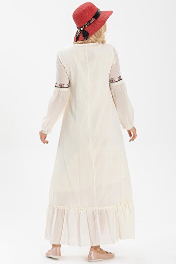 Eliş Şile Bezi Μακρυμάνικο ύφασμα Şile - Seher Long Hijab Dress Cream Cream