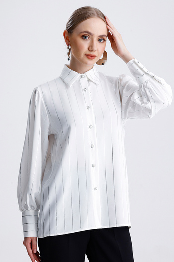 MD trend Women's Striped Foil Patterned Balloon Sleeve Oversize Satin Shirt with Drawstring Detail