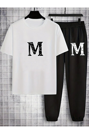 PENTHİLUS Men's Sportswear Set with Short Sleeve T-Shirt and Long Pants with m Print