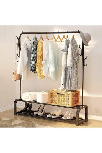 Saharaz Metal Clothes Hanger With 2 Storage Shelves, Hooks, 110x54x150cm, Organizer for Hanging Clothes