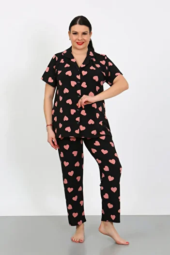 SEBOTEKS Soft Textured Milan Fabric Front Buttoned Large Size Women's Pajamas Set 9030