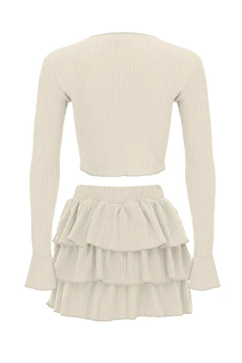 La Sarta Women's Sugar And Spice Ecru Soft Ribbed Shorts Skirt Top Set