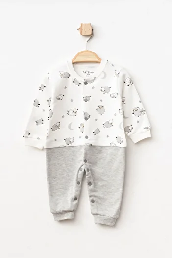 Aziz Bebe Baby Boy Lamb Patterned Jumpsuit with Snap Fasteners 0 Month - 6 Months