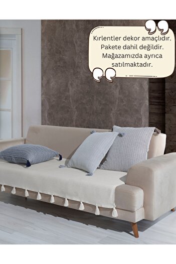 Lux Touch Lavi Ponponlu Ekru Koltuk Örtüsü 115 x 200 cm Kanepe Divan Çekyat Berjer Örtüsü Şalı Püsküllü