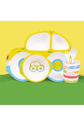 COOYA Kids Dinnerware Set, 5 Piece Car Shaped Plate and Bowl Set, Divided Plates with Spoon and Fork
