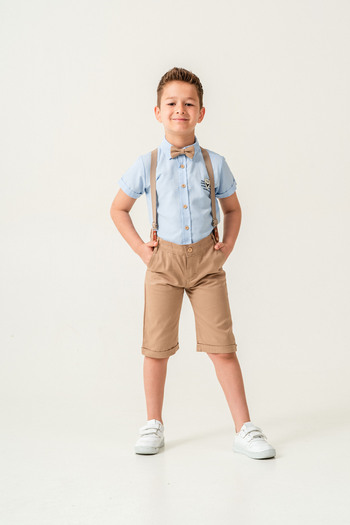 Esterella embroidered men's set/short-sleeved shirt Collar bow tie suit/oxford Shirt - Shorts /suit with suspender shorts