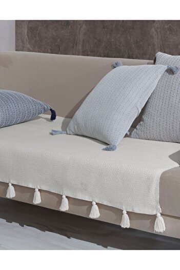 Lux Touch Lavi Ponponlu Ekru Koltuk Örtüsü 115 x 200 cm Kanepe Divan Çekyat Berjer Örtüsü Şalı Püsküllü