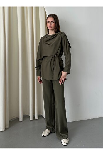 Laluvia Khaki Drape Collar Blouse Trousers Set - 8625
