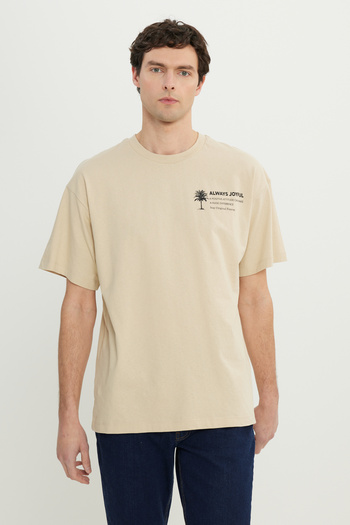 AC&Co / Altınyıldız Classics Men's Beige 100% Cotton Oversize Fit Relaxed Cut Crew Neck Printed T-Shirt
