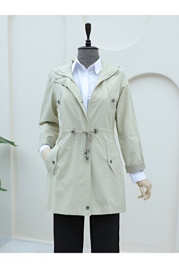 Modamorfo Araboy Trench Coat with Folded Sleeves and Tunnel Lacing - Stone