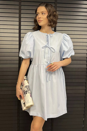 GÜLSELİ Rochie de damă albastru baby cu mâneci prințesă cu cravată în față