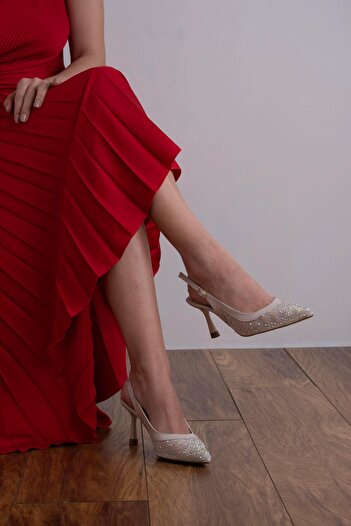 sovrana Beige Tulle Stone Detailed Heeled Shoes