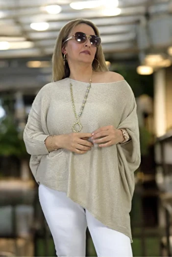 yagmurberen Madonna Collar Asymmetric Cut Slit Detail Pocket Plus Size Italian Mercerized Bluz Sweater.