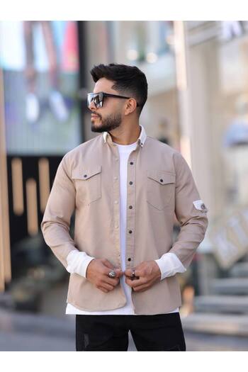 YXC Men's Slim Fit Slim Fit Long Sleeve Lapel Black Double Pocket Shirt.