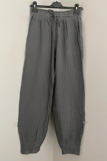 AYASOFYA OTANTIK Women's Anthracite Elastic Waist Tied Detailed Muslin Cotton Pencil Leg Trousers