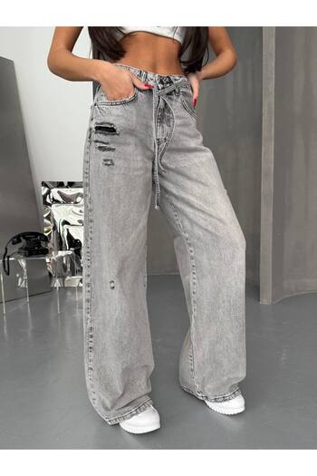 DENİKK Trend WIDE LEG İP KEMER BOL PAÇA LAZERLİ PALAZZO DENİM JEAN PANTOLON