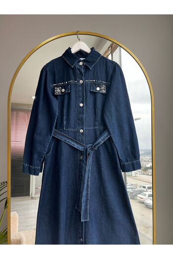 Bold Grup Women's Denim Pearl Stone Pocket Detailed Hijab Denim Dress