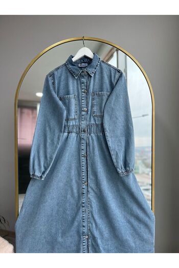 Bold Grup Women's Denim Waist Fitted Pocket Detailed Hijab Denim Dress