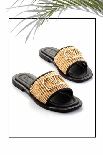 Bambi Beige Black Straw Women's Slippers K04826501428