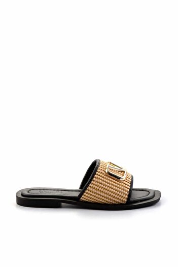 Bambi Beige Black Straw Women's Slippers K04826501428