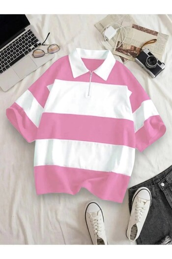 Jooy Unisex Pink White Striped Half Zip Polo Neck T-Shirt
