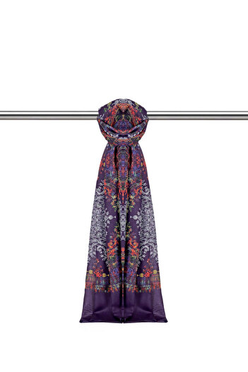 Bursa İpek Dark Purple Ethnic Pattern Soft Shawl