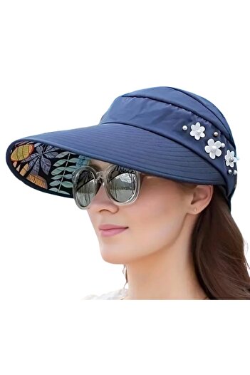 CosmoOutlet Navy Blue Color Visor Sun Hat with Flower and Pearl Bead Decoration Foldable Uv Protection