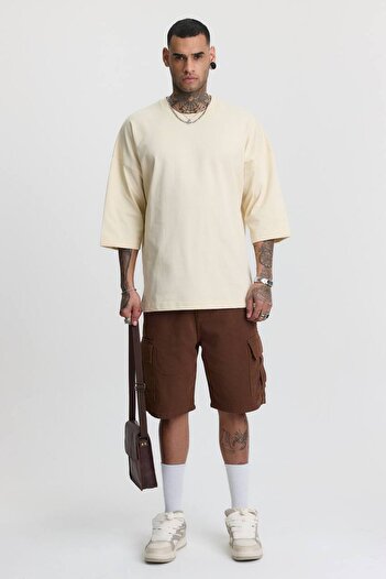 Fandr Store Beige Crew Neck Thick Fabric 100% Cotton Oversize T-Shirt