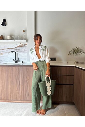 MiMi Green Bark Pants Linen Embroidery Detailed Shirt Twinset