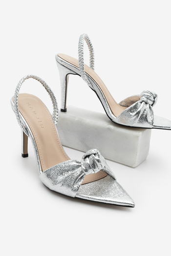 Marjin Silver Pointed Toe Knotted Women's Chair with Back Elastic Heels