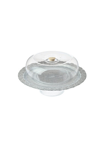 Byblos Turkish Glass Cake Plate With Acrylic Cover Silver Color