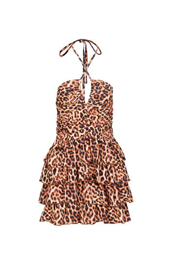 La Sarta Leopard Print Daria Dress - Halter Neck and Layered Ruffles